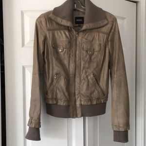 Bershka Authentic Leather Motto jacket in sage. Ribbed collar & cuffs.  Lined.